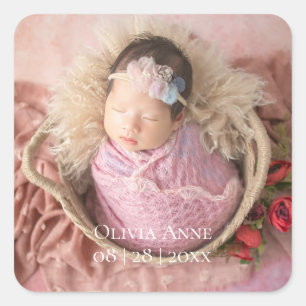 1 Photo Baby Birth Announcement White Typography Square Sticker