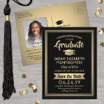 1 Photo Black and Gold Graduation Save the Date Announcement Postcard<br><div class="desc">Share the joyful news of an upcoming graduation party as well as a favourite picture with these elegant black and gold save the date postcard invitations. Photo and all text are simple to customise. (IMAGE PLACEMENT TIP: An easy way to centre a photo exactly how you want is to crop...</div>