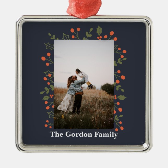 1 Photo Botanical Holiday Holly Modern Christmas Metal Ornament (Front)