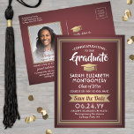 1 Photo Burgundy and Gold Graduation Save the Date Announcement Postcard<br><div class="desc">Share the joyful news of your upcoming graduation party as well as a favourite picture with these elegant burgundy and faux gold foil save the date postcard invitations. Photo and all text are simple to customise. (IMAGE PLACEMENT TIP: An easy way to centre a photo exactly how you want is...</div>