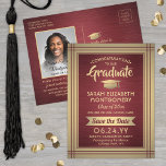 1 Photo Burgundy Red Gold Graduation Save the Date Announcement Postcard<br><div class="desc">Share the joyful news of an upcoming graduation party as well as one favourite photo with these modern burgundy and gold save the date invitation postcards. All text is simple to customise. (IMAGE PLACEMENT TIP: An easy way to centre a photo exactly how you want is to crop it before...</div>
