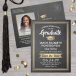 1 Photo Chalkboard & Gold Graduation Save the Date Announcement Postcard<br><div class="desc">Share the joyful news of your upcoming graduation party as well as a favourite picture with these elegant faux chalkboard and gold save the date postcard invitations. Photo and all text are simple to customise. (IMAGE PLACEMENT TIP: An easy way to centre a photo exactly how you want is to...</div>
