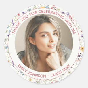 1 Photo Chic Off-White Floral Graduation Party Classic Round Sticker