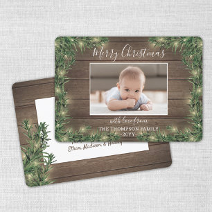 1 Photo Christmas Greenery, Rustic Wood & Lights Holiday Card