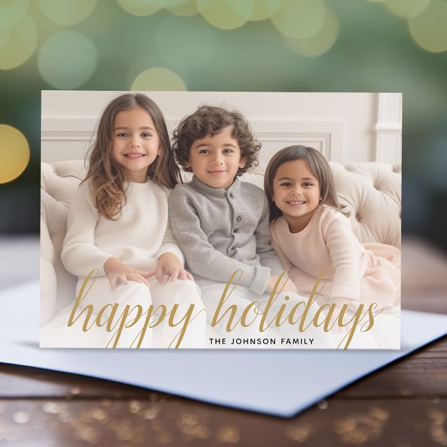 1 Photo Christmas Script Gold Damask Happy Holiday Card (Add 1 photo to this Online Christmas Card - A full photo with a modern script overlay.)