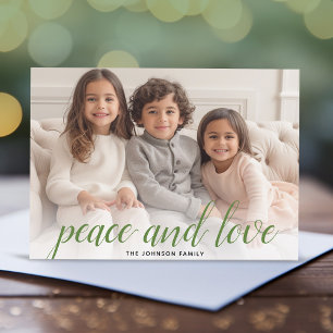 1 Photo Christmas Script Green Damask Peace Holiday Card