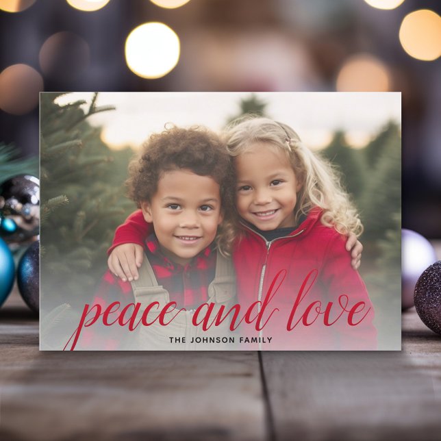 1 Photo Christmas Script Red Damask Peace Holiday Card (Add 1 photo to this Online Christmas Card - A full photo with a modern script overlay.)