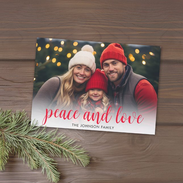 1 Photo Christmas Script Red Green Plaid Holiday Card (1 Photo Modern Christmas Card - Bounce Calligraphy - red background - download option available)