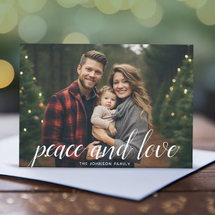 1 Photo Christmas Script White Damask Peace Holiday Card