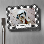 1 Photo Collage Family Name - Buffalo Check Black Magnet<br><div class="desc">Use a horizontal or selfie phone photo to create a unique and personal gift. Or you can keep the hipster puppy and make a trendy keepsake. If you need to adjust the pictures,  click on the customise tool to make changes.</div>