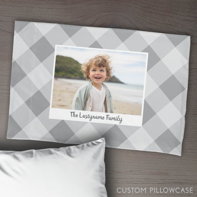 1 Photo Collage Family Name - Buffalo Check Grey Pillowcase (Custom Pillowcase with Photo Collage)