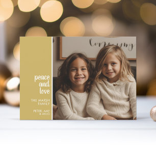 1 Photo Collage Minimal Christmas gold peace love Holiday Card