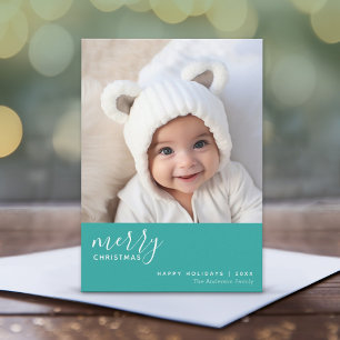 1 Photo Collage Minimal Merry Christmas - blue Holiday Card