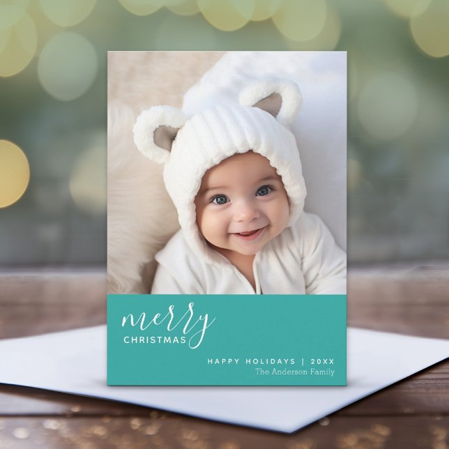 1 Photo Collage Minimal Merry Christmas - blue Holiday Card (Whimsical Christmas Card with 1 Photo - Print and Download Options Available)