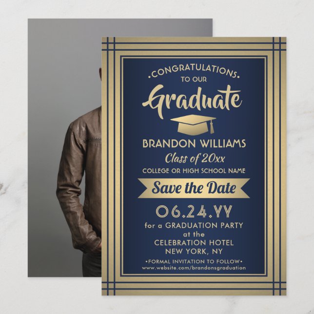 1 Photo Congratulations Graduate Navy Blue & Gold Save The Date (Front/Back)