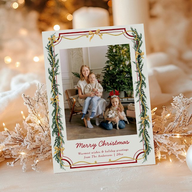 1 Photo Cute Botanical Christmas Foliage Gold Bows Holiday Card (Creator Uploaded)