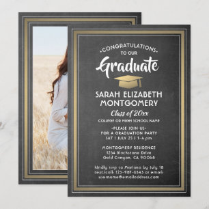 1 Photo Elegant Black Chalkboard & Gold Graduation Invitation
