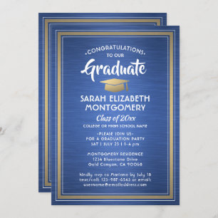 1 Photo Elegant Blue Gold and White Graduation Invitation
