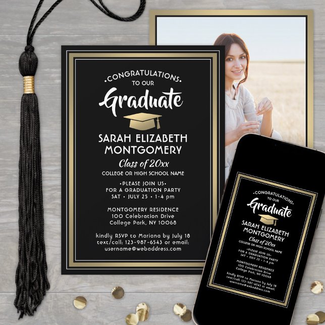1 Photo Elegant Congrats Black and Gold Graduation Invitation (Creator Uploaded)