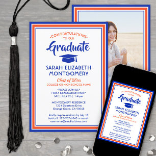 1 Photo Elegant Congrats Orange & Blue Graduation Invitation
