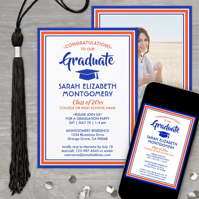 1 Photo Elegant Congrats Orange & Blue Graduation Invitation (Creator Uploaded)