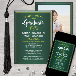 1 Photo Elegant Green Gold Yellow White Graduation Invitation