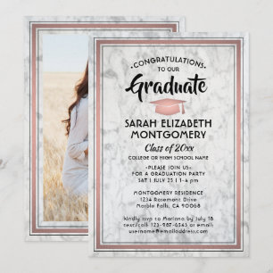 1 Photo Elegant Marble & Pink Rose Gold Graduation Invitation