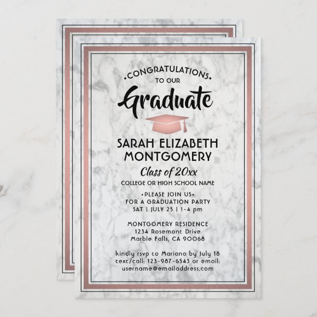 1 Photo Elegant Marble & Pink Rose Gold Graduation Invitation (Front/Back)
