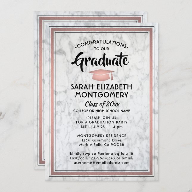 1 Photo Elegant Marble & Pink Rose Gold Graduation Invitation (Front/Back)