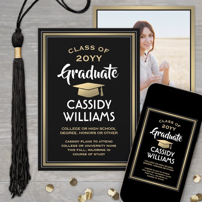 1 Photo Elegant Modern Black Gold White Graduation Announcement (Creator Uploaded)
