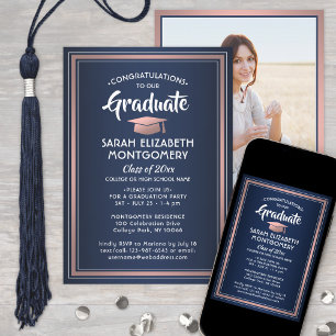 1 Photo Elegant Navy and Pink Rose Gold Graduation Invitation