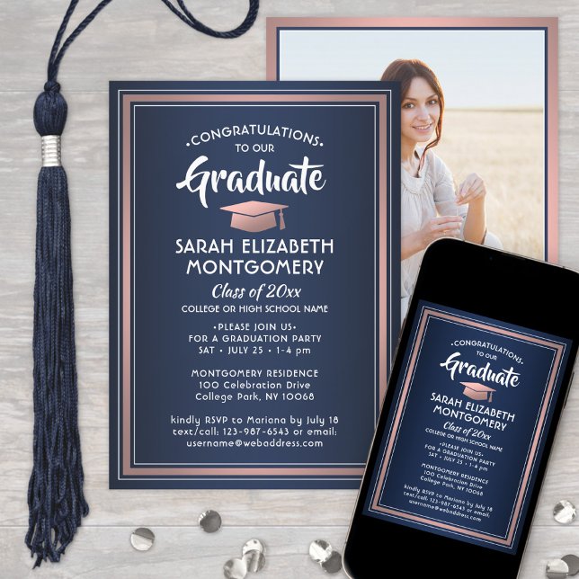 1 Photo Elegant Navy Blue and Pink Graduation Invitation (Creator Uploaded)