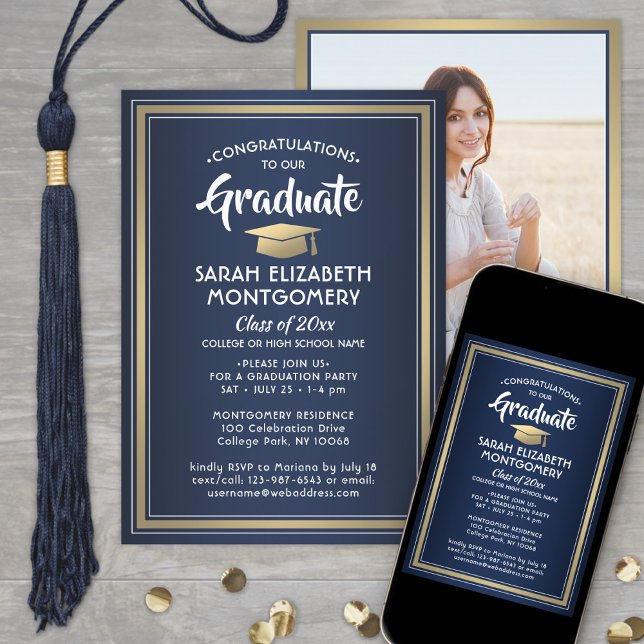 1 Photo Elegant Navy Blue Gold & White Graduation Invitation (Creator Uploaded)