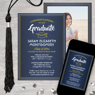 1 Photo Elegant Navy Blue Gold Yellow Graduation Invitation