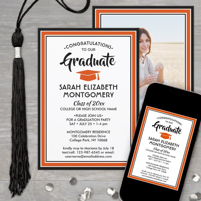 1 Photo Elegant Orange Black and White Graduation Invitation (Creator Uploaded)
