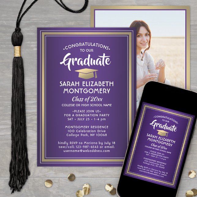 1 Photo Elegant Purple Gold and White Graduation Invitation (Creator Uploaded)