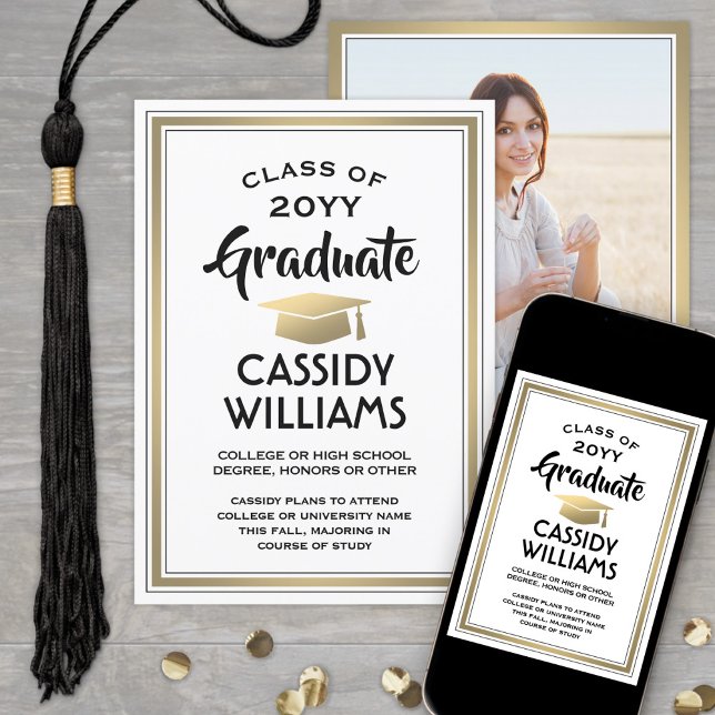 1 Photo Elegant Simple White Black Gold Graduation Announcement (Creator Uploaded)