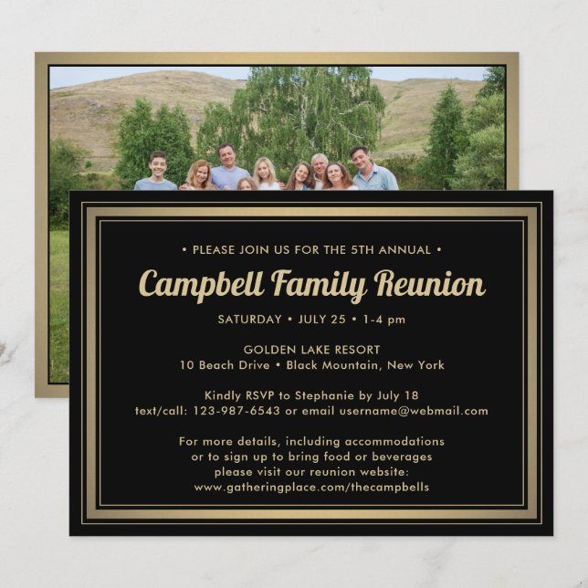 1 Photo Family Reunion Elegant Black and Gold Invitation (Front/Back)