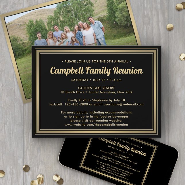 1 Photo Family Reunion Elegant Black and Gold Invitation (Creator Uploaded)