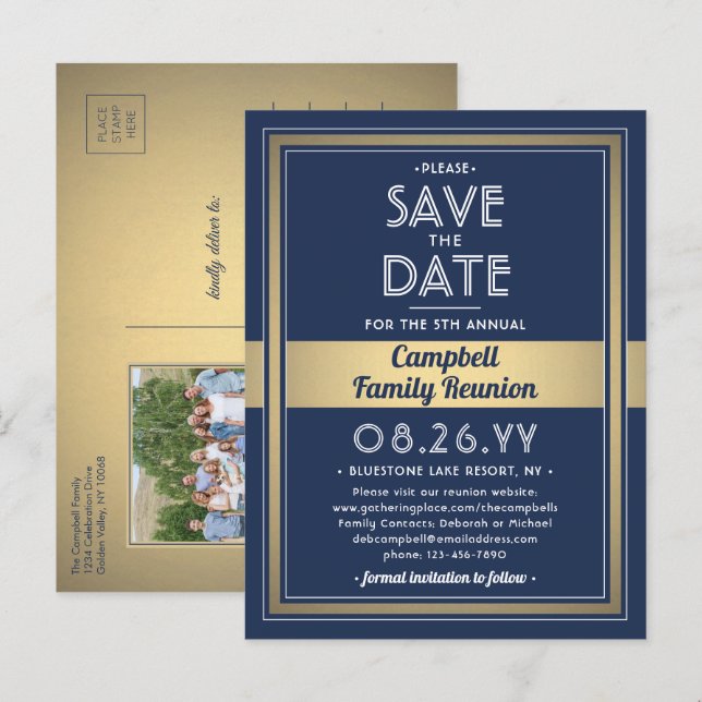 1 Photo Family Reunion Save the Date Blue and Gold Announcement Postcard (Front/Back)