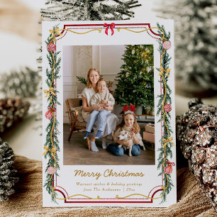 1 Photo Festive Christmas Botanical Foliage & Bows Holiday Card