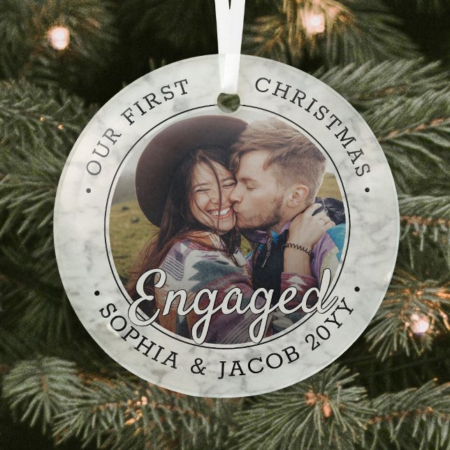 1 Photo First Christmas Engaged Faux Marble Round Glass Tree Decoration (Creator Uploaded)