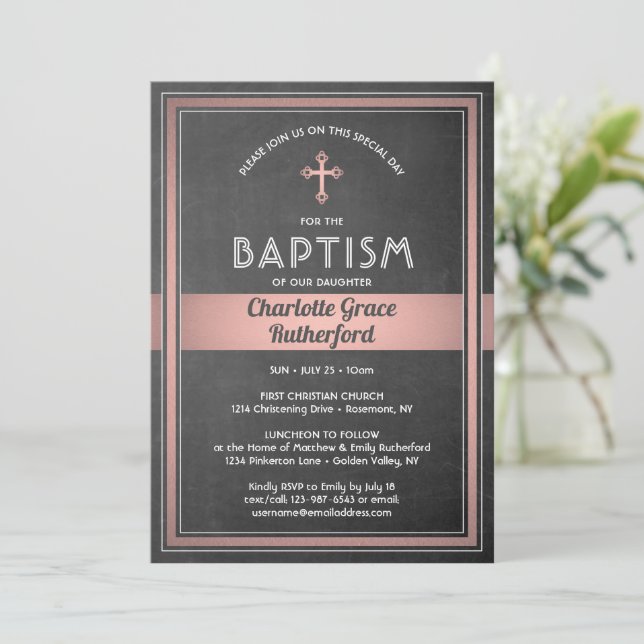 1 Photo Girl Baptism Chalkboard and Pink Rose Gold Invitation (Standing Front)