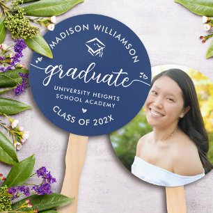 1 Photo Graduation Blue Modern Script Hearts Cap Hand Fan