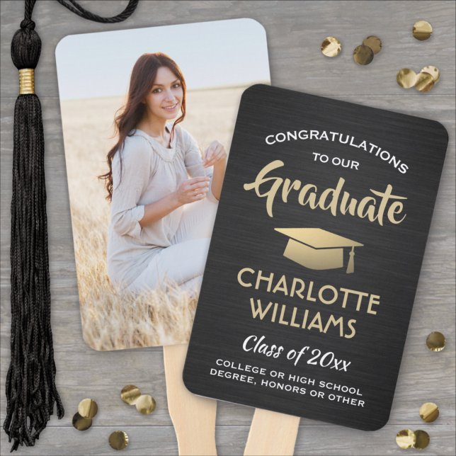 1 Photo Graduation Brushed Black Gold and White Hand Fan (Creator Uploaded)