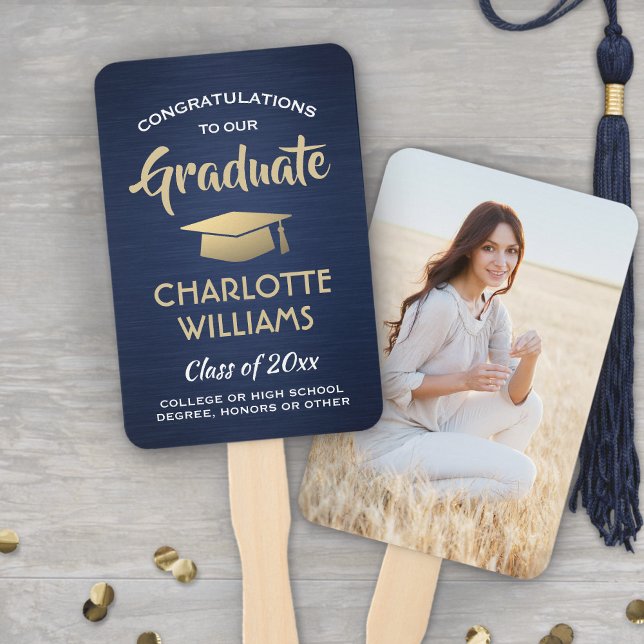 1 Photo Graduation Brushed Navy Blue Gold & White Hand Fan (Creator Uploaded)