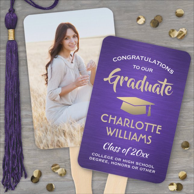 1 Photo Graduation Brushed Purple Gold and White Hand Fan (Creator Uploaded)