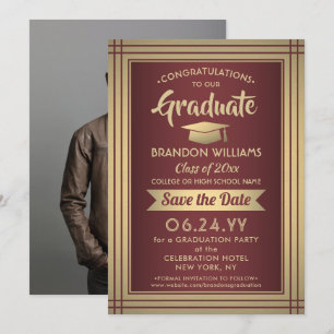 1 Photo Graduation Burgundy Gold Maroon Red Modern Save The Date
