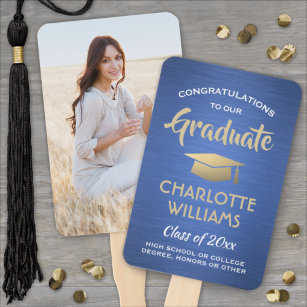 1 Photo Graduation Elegant Brushed Blue Gold White Hand Fan