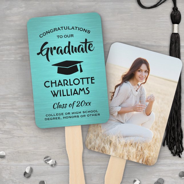 1 Photo Graduation Elegant Brushed Teal Blue Black Hand Fan (Creator Uploaded)